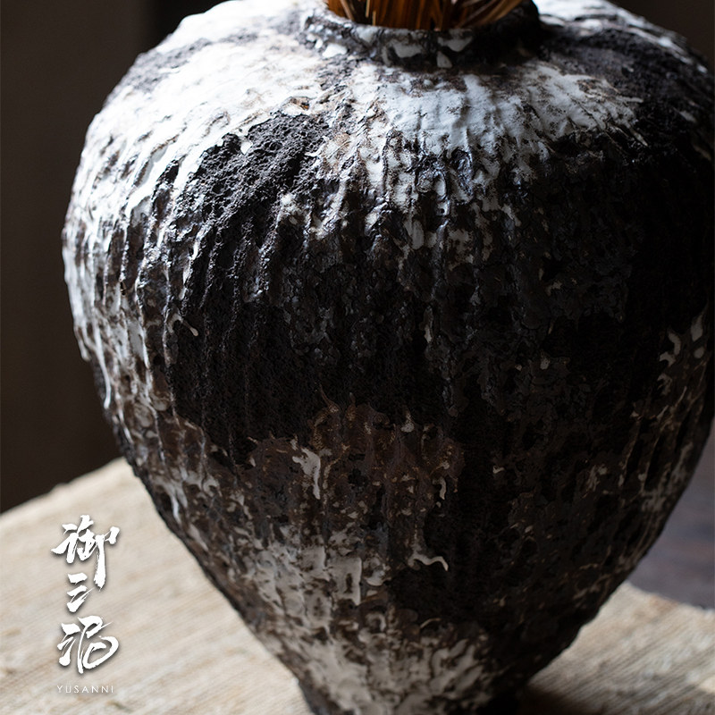 高级复古怀旧手工陶瓷花瓶粗陶瓶插花民宿酒店侘寂风禅意摆件花器_虎窝淘