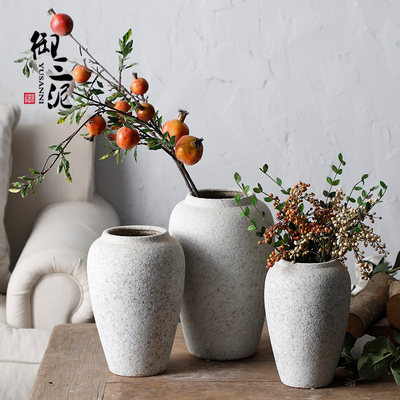 复古陶罐干花陶瓷花瓶北欧现代简约水培花器花盆粗陶尤加利叶摆件 虎窝淘
