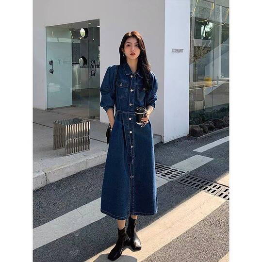 Robe en denim à manches bouffantes pour femmes, automne et hiver, nouveau style coréen, manches longues, taille mi-longue, robe chemise fendue, 2022