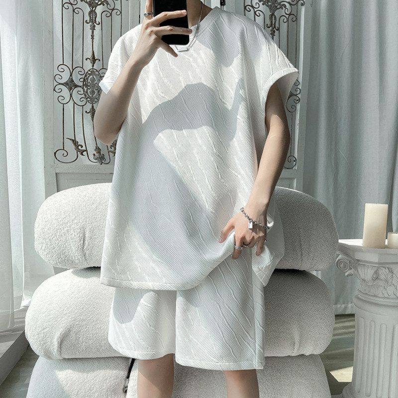 无袖男T恤套装坎肩宽肩背心五分短裤 纯色简约休闲运动两件套大码,淘宝优惠券,粉丝福利购,淘宝优惠卷