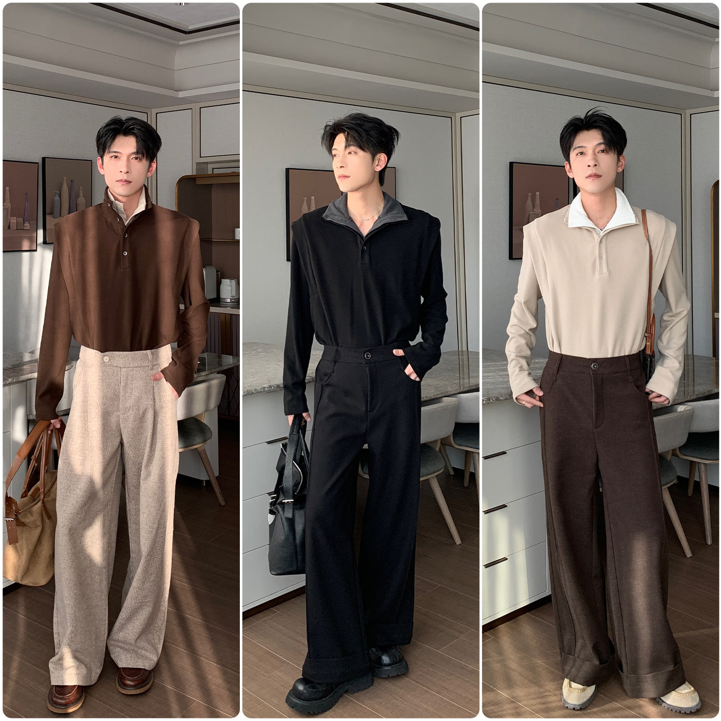 Hualun冬季撞色翻领假两件T恤男士简约时尚宽松高领德绒打底衫男,淘宝优惠券,粉丝福利购,淘宝优惠卷