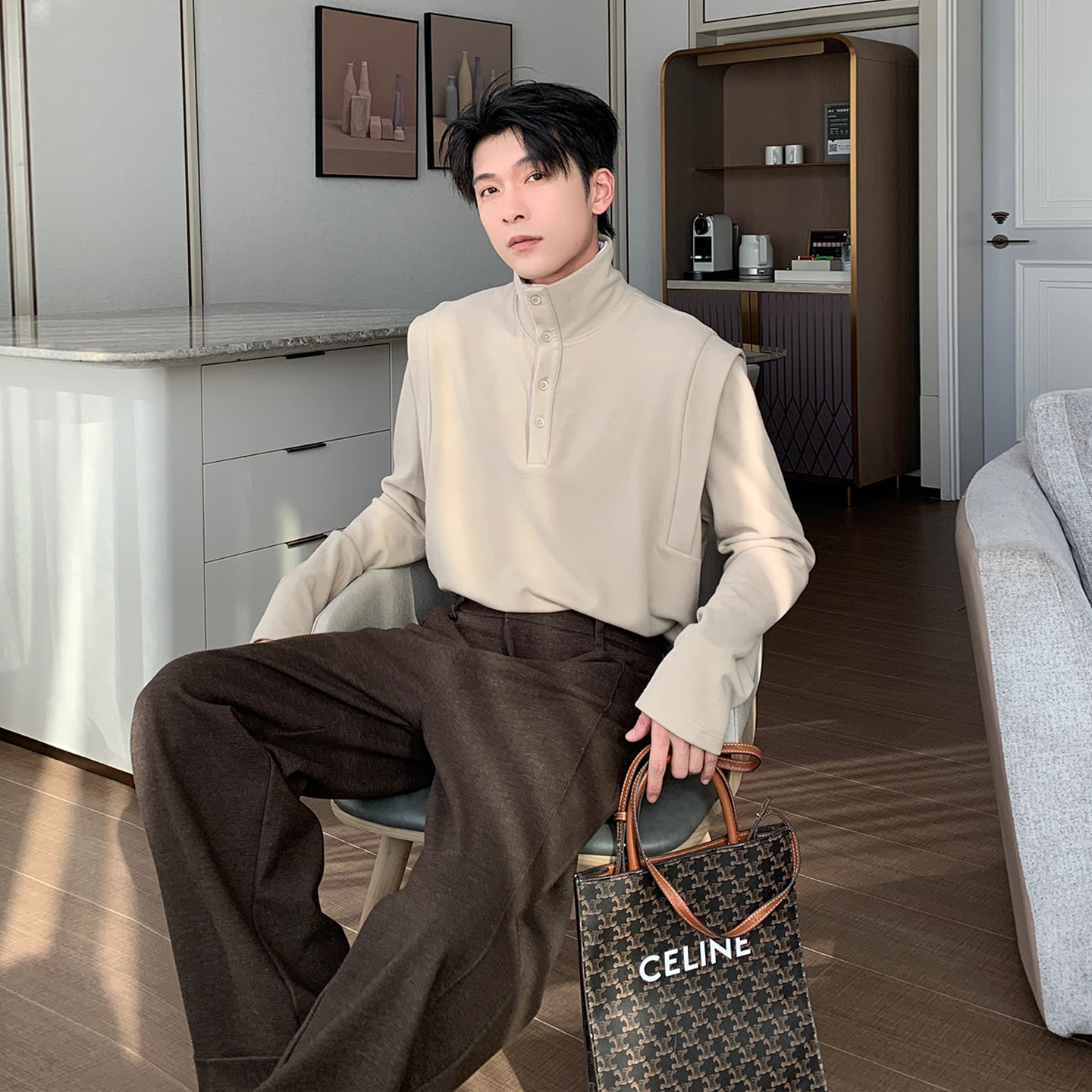 Hualun冬季撞色翻领假两件T恤男士简约时尚宽松高领德绒打底衫男,淘宝优惠券,粉丝福利购,淘宝优惠卷