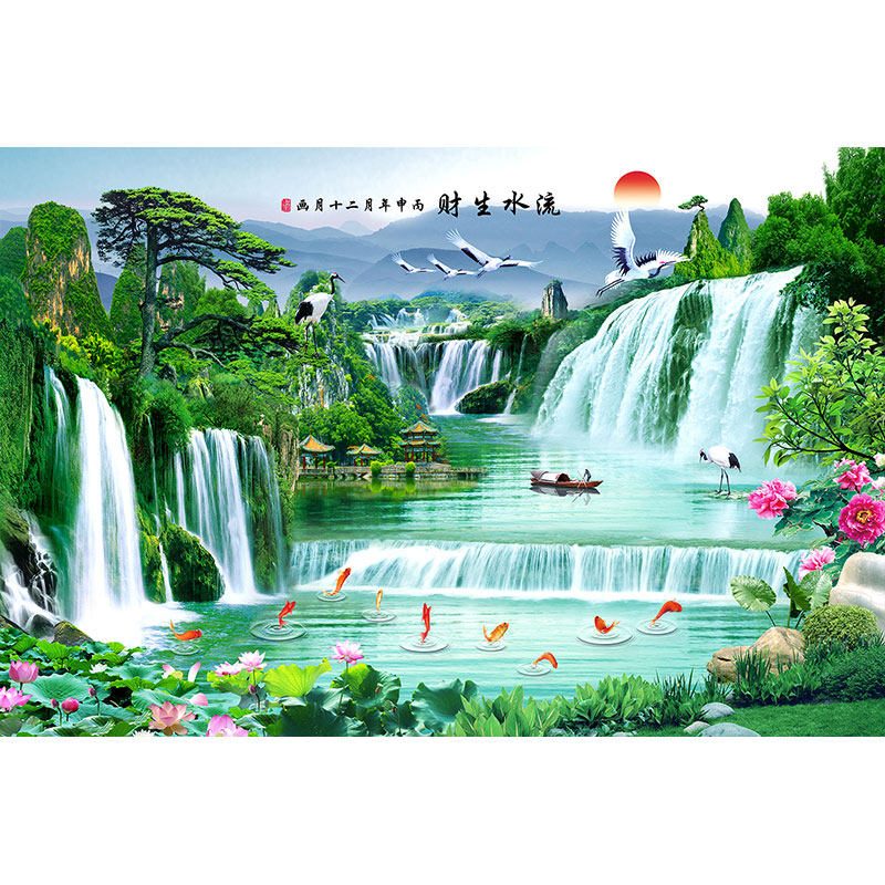 山水风景画墙壁贴画新中式客厅背景流水生财迎客松墙贴风水装饰画,淘宝优惠券,粉丝福利购,淘宝优惠卷