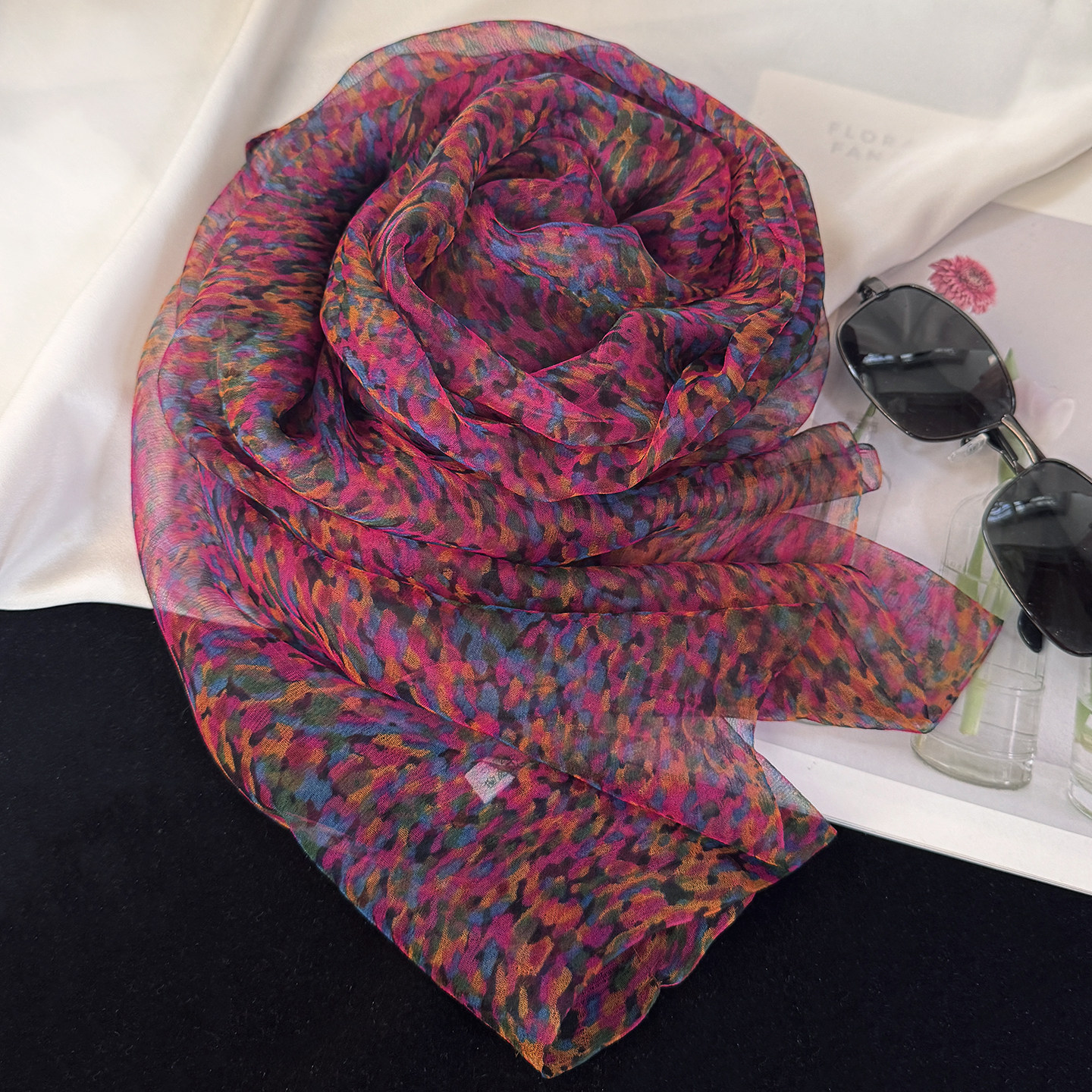 迷彩色真丝桑蚕丝女护颈妈妈纱巾轻薄款春秋季长条围巾防晒披肩