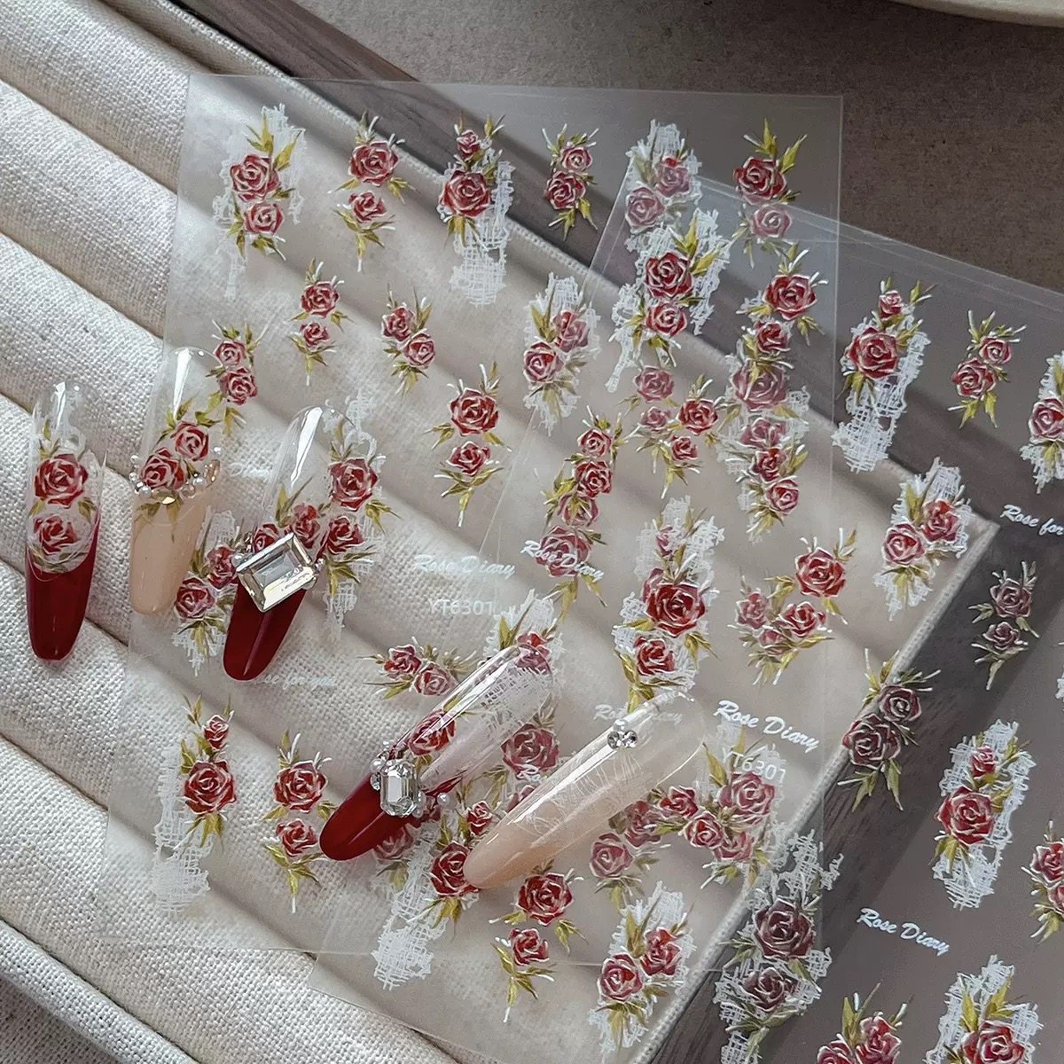 玫瑰花朵美妆甲贴纸烫金花环精致新中式带背胶指甲装饰女生美甲贴,淘宝优惠券,粉丝福利购,淘宝优惠卷