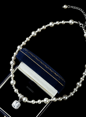 小方糖超闪锆石珍珠吊坠项链女法式锁骨链满天星颈链