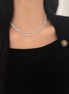 韩国S925银长款碎银子项链女多层叠戴锁骨链毛衣链高级感潮