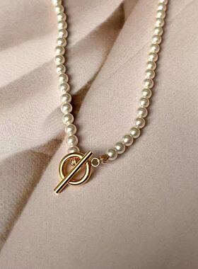 施家极细珠OT扣项链女轻奢小众高亮玻璃仿珍珠锁骨链气质颈链