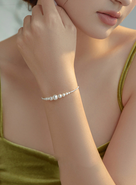 925碎银子珍珠手链正品正圆强光贝珠珍珠精致礼物手饰通勤