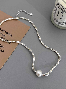 925银碎银几两叠戴贝珠项链女小众设计感高级珍珠锁骨链新款颈链