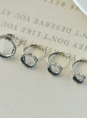 男女款S925纯银复古圆形戒指空托