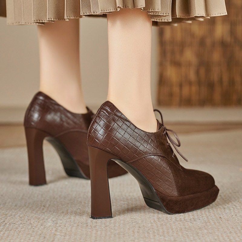 羊翻皮深口单鞋女高跟鞋2025秋冬新款女鞋欧美风复古绑带小皮鞋,淘宝优惠券,粉丝福利购,淘宝优惠卷