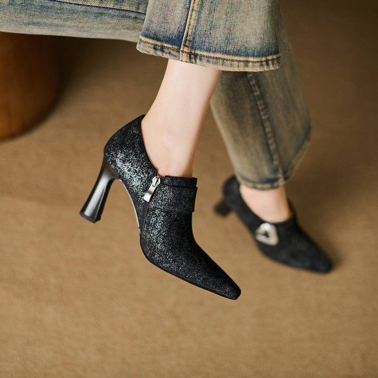 2026性感成熟气质钻扣方头9cm细跟酒红真皮秋季手工深口单,淘宝优惠券,粉丝福利购,淘宝优惠卷