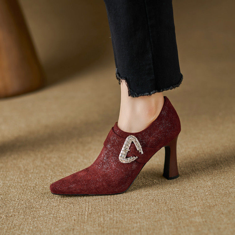 2026性感成熟气质钻扣方头9cm细跟酒红真皮秋季手工深口单,淘宝优惠券,粉丝福利购,淘宝优惠卷