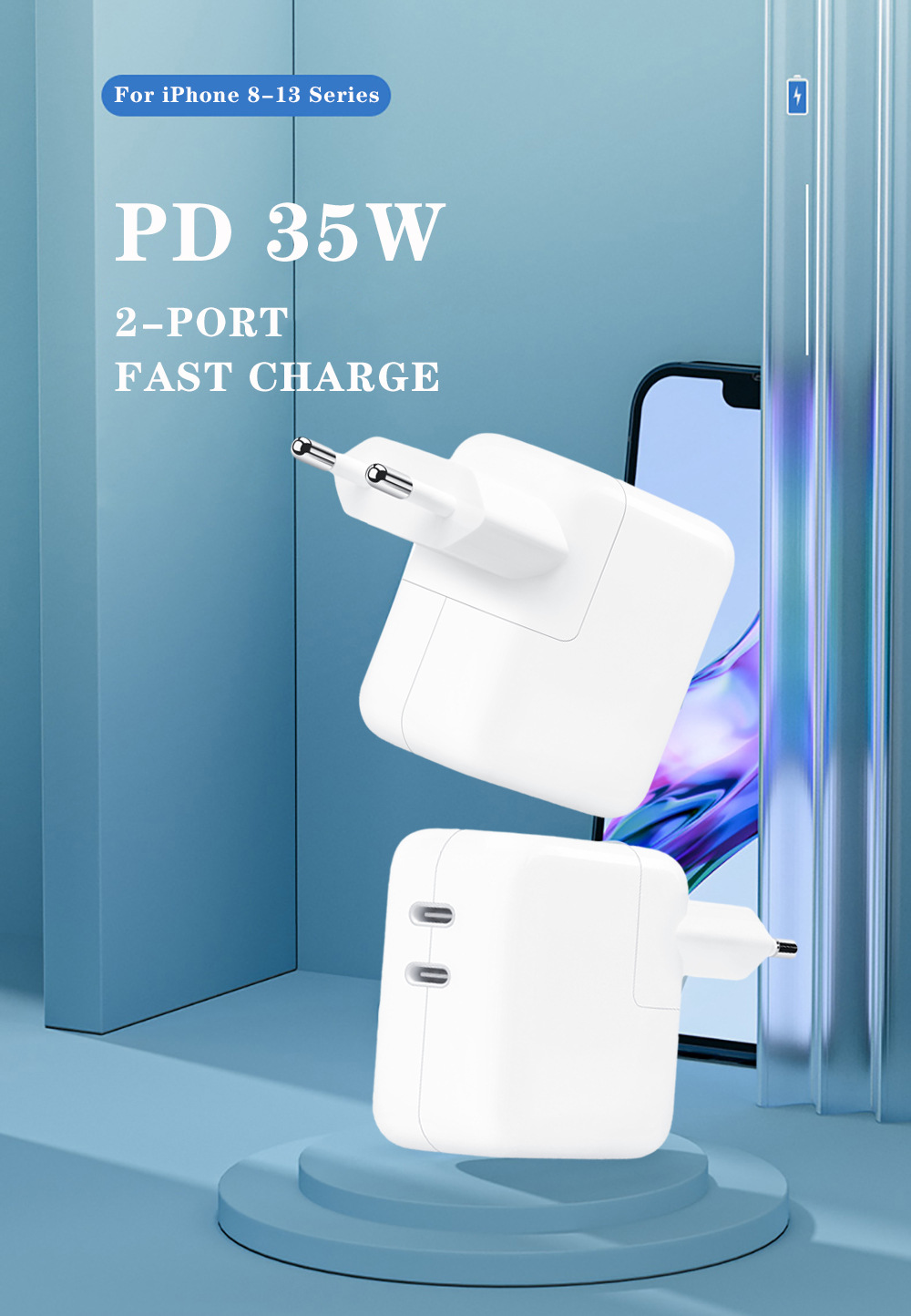 可拆脚港版双PD适用于苹果14英规35W原装充电器 PD快充头USB-C平板款双C充电头适配器