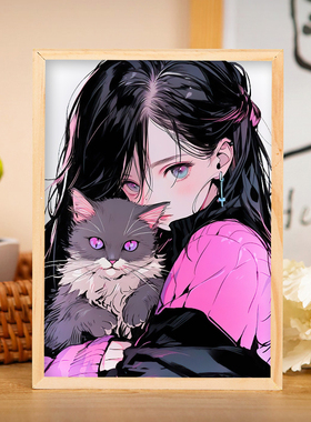赛博朋克电脑桌面摆件猫咪女孩灯光画电竞房间装饰布置氛围发光灯