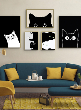 趣味黑色猫咪挂画北欧简约猫咖店小猫画像小黑猫宠物店墙面装饰画