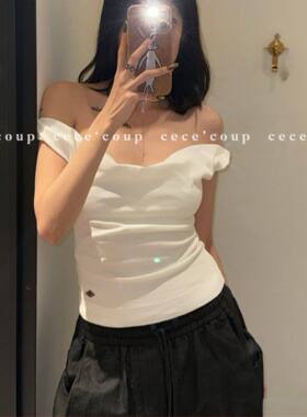 26FW白色荡领无袖针织吊带背心女