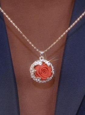 秋冬时尚红色玫瑰花吊坠毛衣链