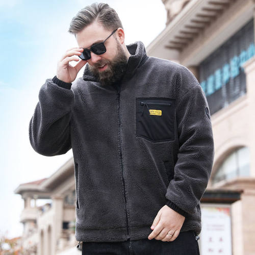 羊羔绒大码男装加绒加厚冬装加肥加大胖子肥佬摇粒绒宽松连帽外套 - 图1