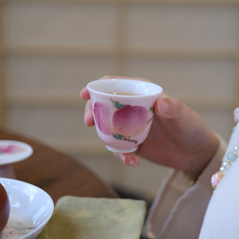 小谦山房蜜桃铃铛杯单色釉景德镇陶瓷杯手工粉彩品茗杯主人杯茶具-图2