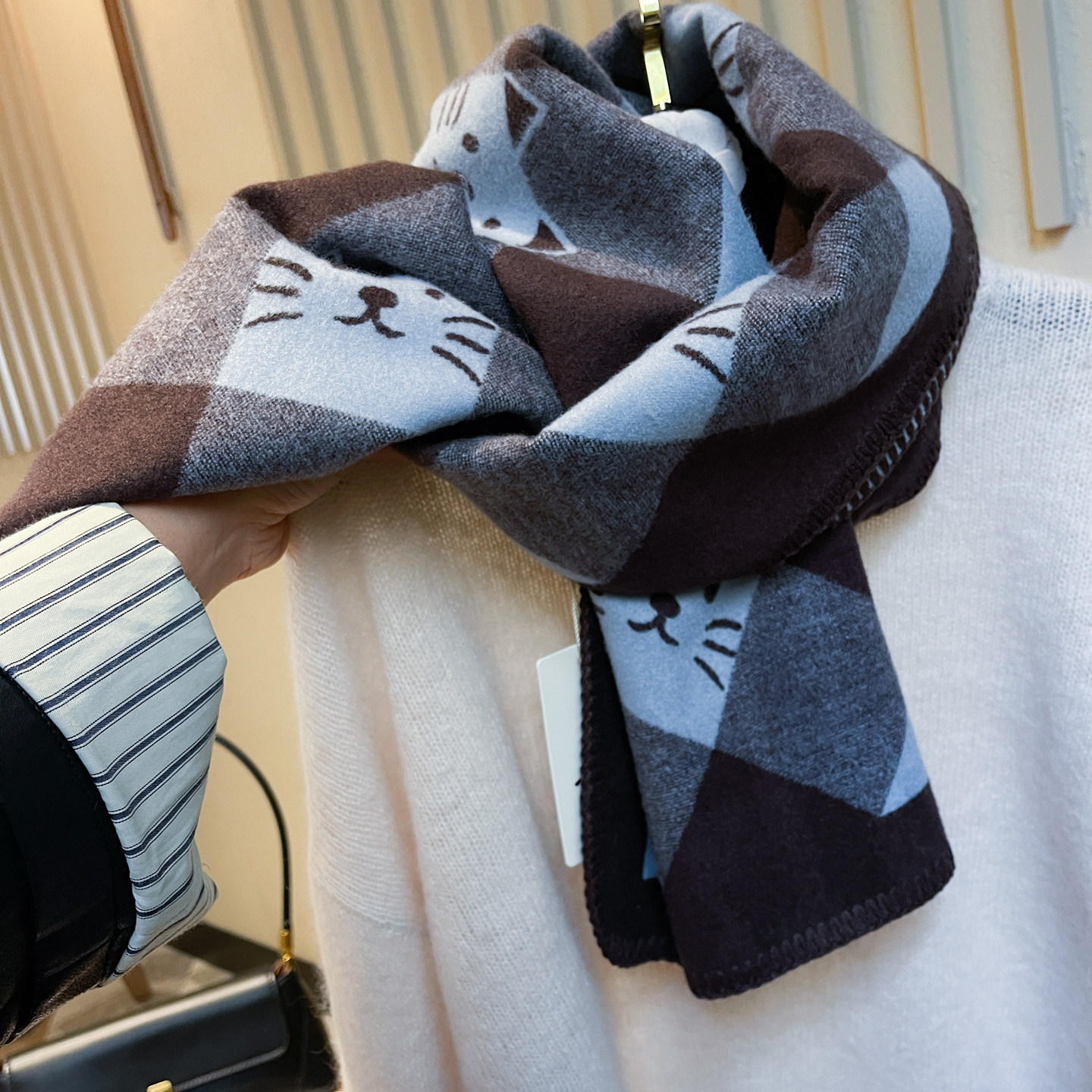 高级咖蓝双面猫咪格纹绵羊毛围巾女秋冬保暖加厚格子披肩学生围脖,淘宝优惠券,粉丝福利购,淘宝优惠卷