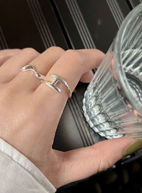 s999足银字母戒指简约气质双层H型指环小众设计时尚个性轻奢手饰