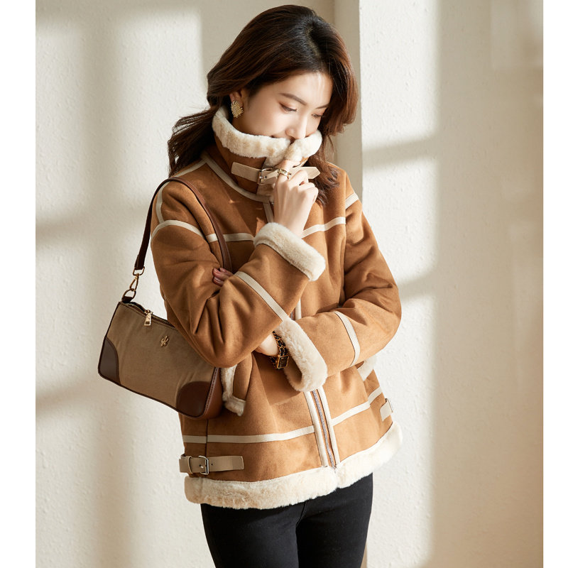 皮毛一体鹿皮绒短款冬季新款机车服 yashlandy女装短外套