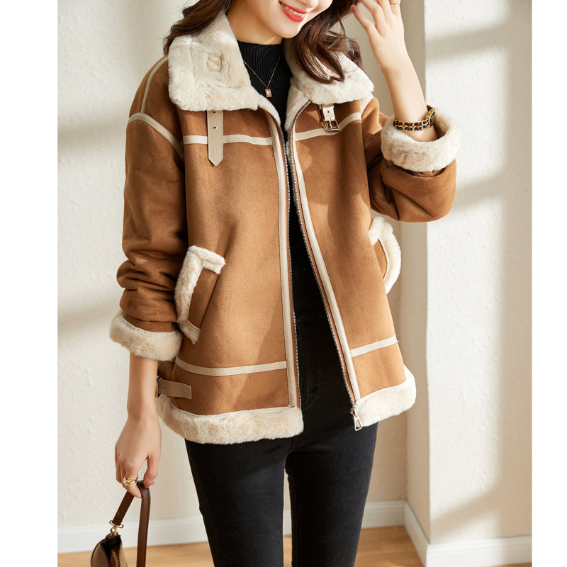 皮毛一体鹿皮绒短款冬季新款机车服 yashlandy女装短外套