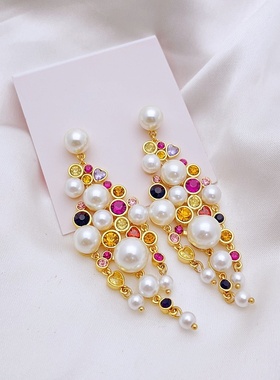 欧美KS小众简约彩色水钻珍珠镶嵌多坠耳环质感轻奢项链