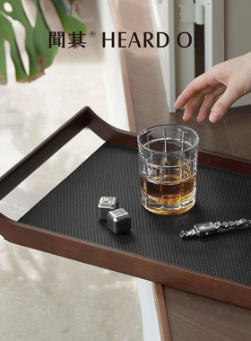 聞其 中式实木手提托盘皮革轻奢客厅茶室酒店复古桌面收纳摆件