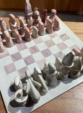 天然肥皂石非洲手工石雕国际象棋粗旷自然抽像风格家居软装摆件