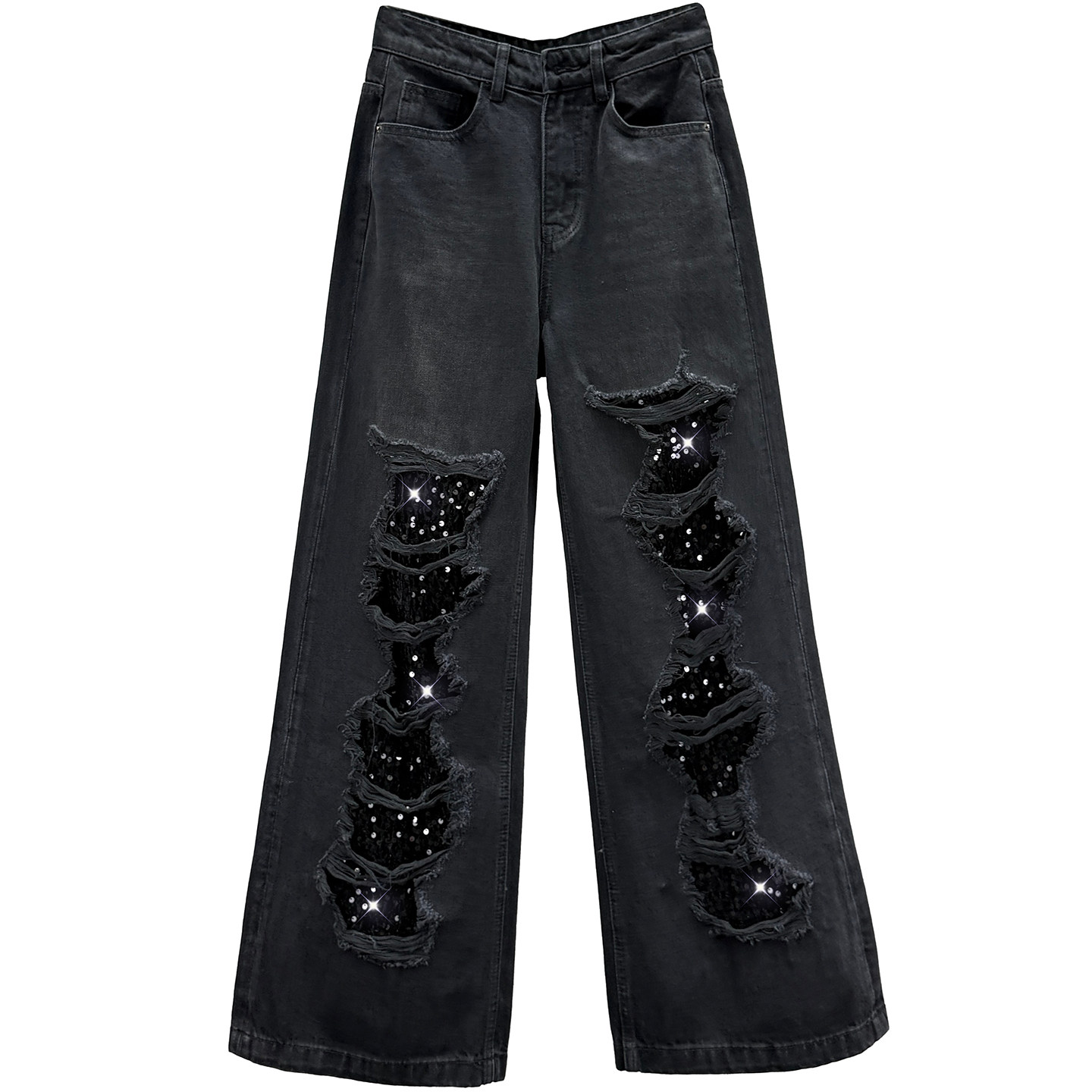 假破洞亮片牛仔裤女加长裤2025年秋季新款高腰宽松显瘦欧式阔腿裤,淘宝优惠券,粉丝福利购,淘宝优惠卷