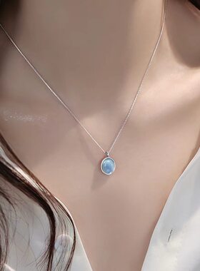 925银海蓝宝项链女 椭圆形月光石锁骨链 轻奢高级感简约显白