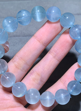 天然冰透猫眼海蓝宝单圈手串水晶