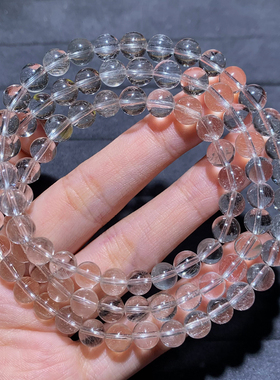 天然白发晶三圈手链水晶透体发丝