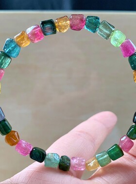 天然巴西老矿碧玺随形手链彩虹色