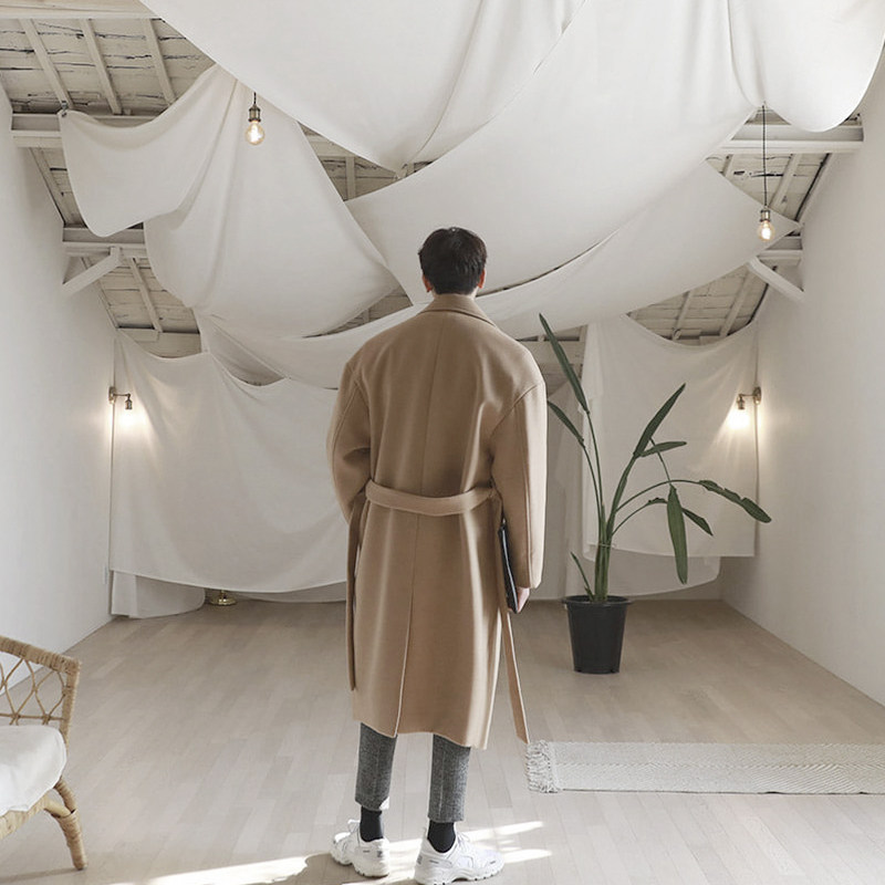 碧舍青年呢子大衣男中长款时尚秋冬加厚韩版宽松系带毛呢外套潮流,淘宝优惠券,粉丝福利购,淘宝优惠卷