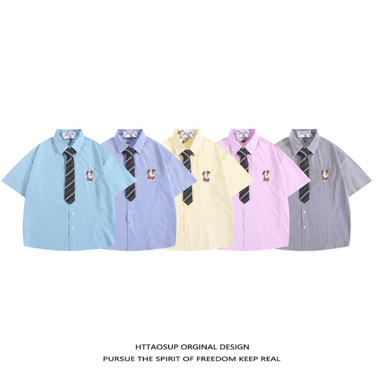 Рубашка с короткими рукавами и галстуком в стиле японского ретро-щенка с вышивкой