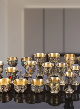 青铜色龙凤杯金属高脚百福烈酒杯小酒杯子家居酒店摆件古玩地摊品