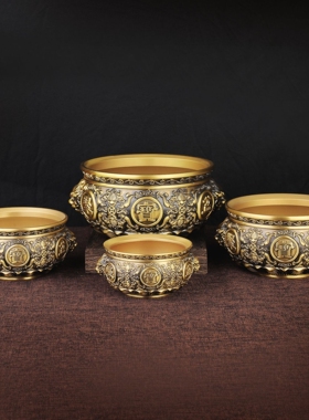 黄铜复古狮头聚宝盆办公室客厅家居送礼创意桌面摆件五福铜盆开业