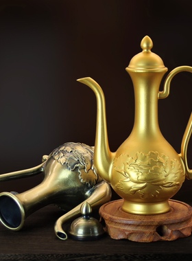 纯铜酒壶中式仿古供奉酒壶龙凤铜器道具老酒壶家用婚庆酒具摆件