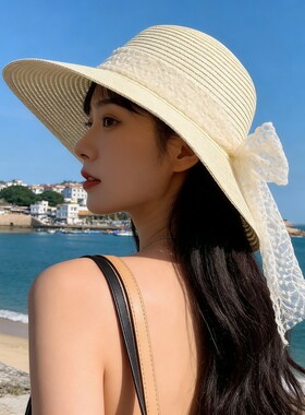 法式大檐蝴蝶结遮阳防晒草帽女