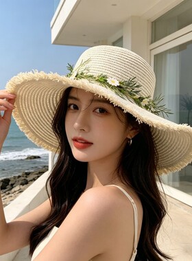 2026新款花朵宽檐防晒草帽女