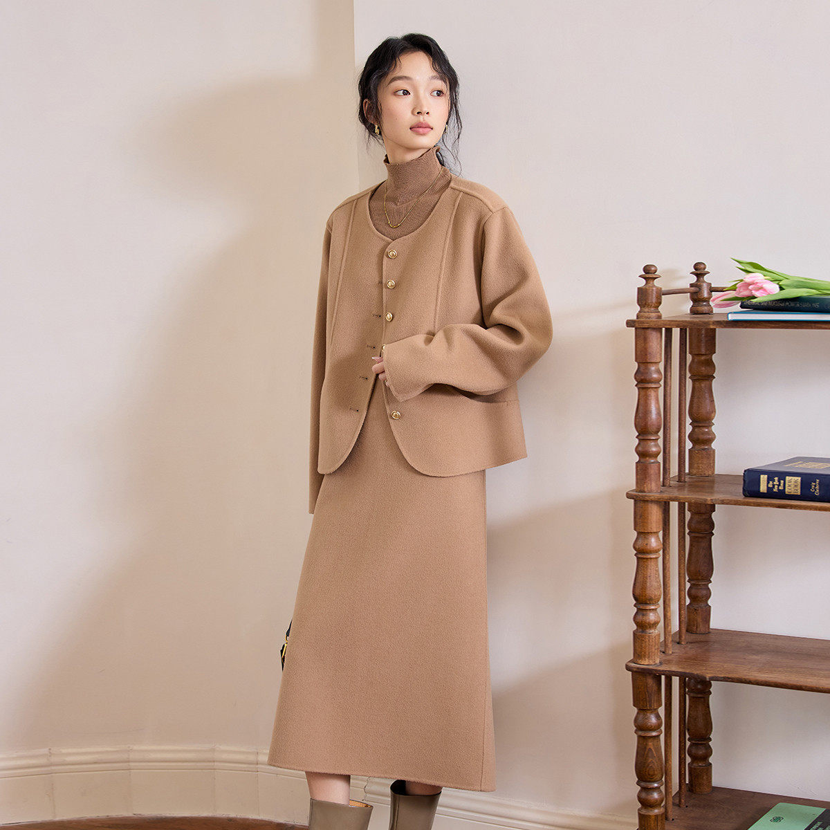 茵曼2025冬季新款双面呢绵羊毛两件套装女毛呢外套大衣半身长裙,淘宝优惠券,粉丝福利购,淘宝优惠卷