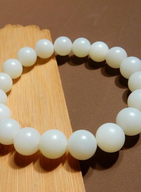 和田玉精品放大漏新疆且末米达料细油糯奶白色白玉10mm手链X5