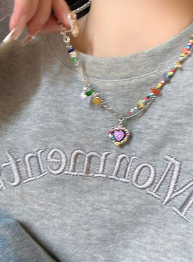 彩色花朵笑脸童趣项链女网红秋冬甜美串珠锁骨链时尚脖颈链卫衣链