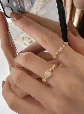 韩版ins潮个性复古小众宫廷风金属猫眼石开口食指戒指女时尚戒指