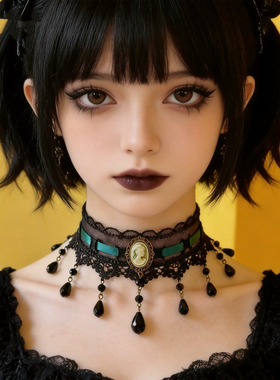 复古哥特黑蕾丝珍珠吊坠锁骨链