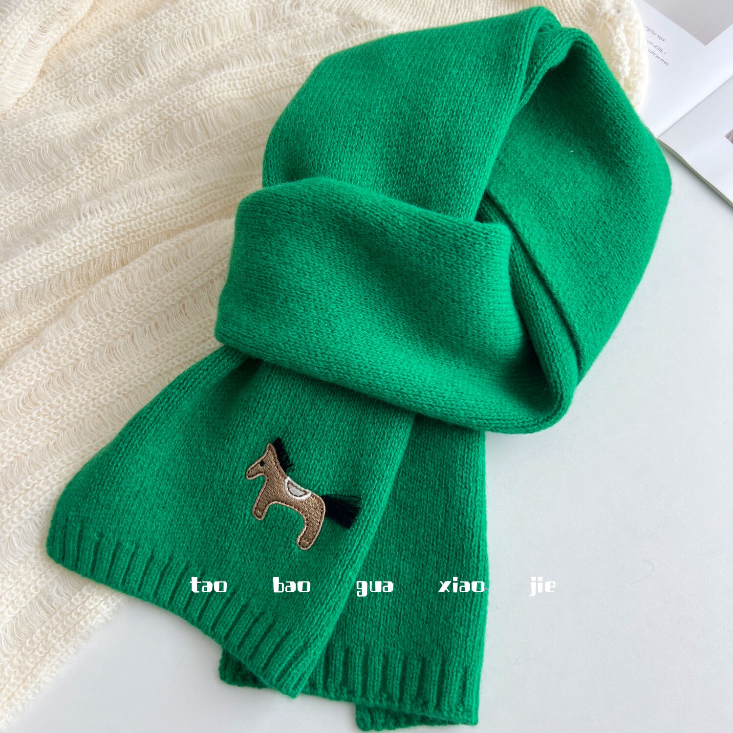 刺绣小马蓝色短款纯羊毛围巾女冬季韩系小围巾保暖可爱情侣款围脖